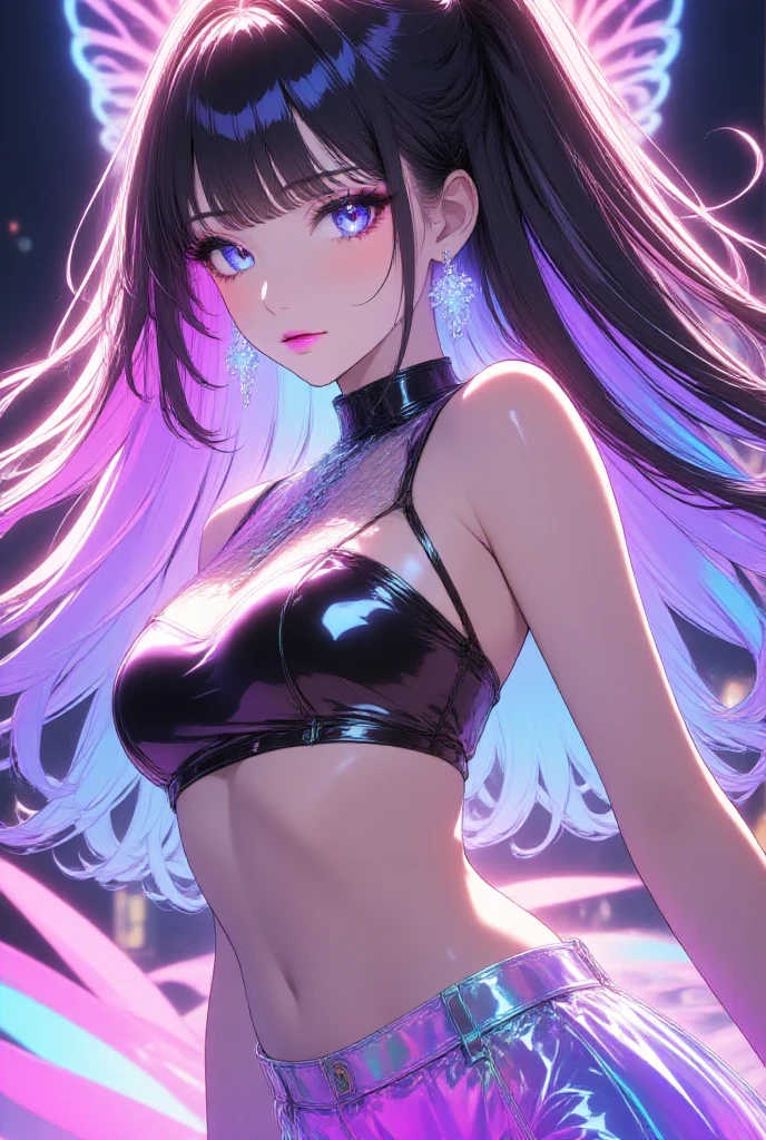 Official art, Unity 8k Wallpapers, ultra-detailliert, Beautifully Aesthetic, masterpiece, top-quality, realisitic, a closeup, Skindentation, interface, A detailed eye, A detailed face, detailed hairs, black backgrounds, straight-on, looking at the viewers, The sheen, Anime, looking at viewer with a cigarette in her mouth, Long transparent iridescent RGB hair, 1girl in, Solo, fronds, Long hair, Blurry,, Parted lips, Outdoors, Floating hair,huge tit,, ((nude, breasts and genitals exposed, vulva and clitoris exposed)),Bangs, full body, Open mouth, tusk, Brown eyes, Wind, Winters,Yuki,snowscape,Blurry background, day, depth of fields, bug, kana oshi no ko
