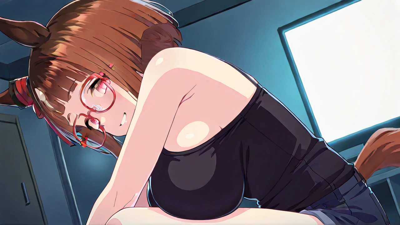 A Female robot is sleeping in forest, spread legs, nude, banzai pose. she wears no dress. She Brown short hair is tied with two big red clothespins, She lifts up the under hem of her white plain dress, leaning over, masterpiece, very short pigtails,brown hair, mature, android, blue eyes, full body figure, Height: 160cm, flushed cheeks, 2020s anime picture, A beautiful robot with short brown hair in two short pigtails held up by two very large huge red clothespins, Uplifting, No NSFW, whole body, barefoot, archaic smile, getting orgasm, 25 years old, sweat bucket. She wears metal flamed glasses.