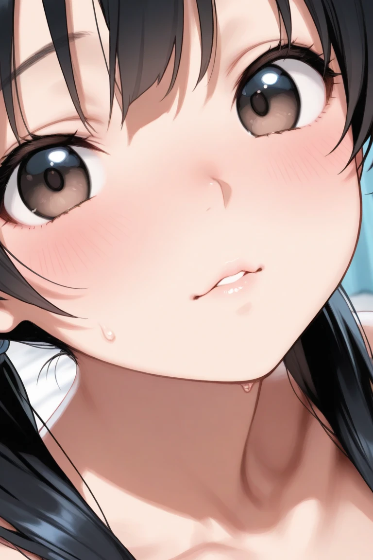 A girl is crying in disgust on a train. She is topless, wearing no underwear, wearing a checkered skirt, has erect nipples, short black hair, small breasts, light pubic hair, and is kneeling. A molester forces his penis into her mouth.