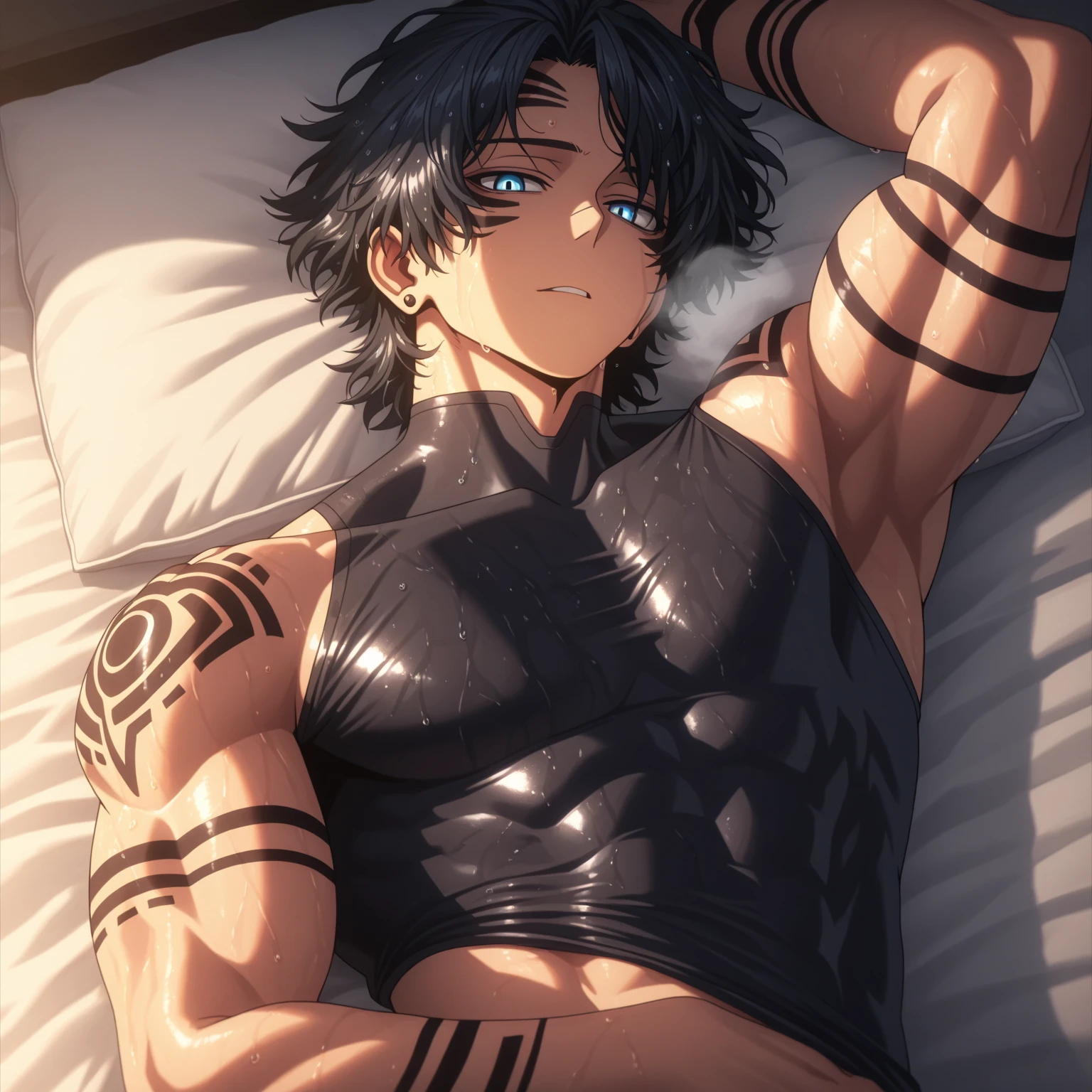 4K, high resolution, best quality, masterpiece, perfect color, perfectly shaded, perfect lighting, Posted by e621, (by Chun Ni), Humanity, ((portrait)), ((handsome man)), perfect male figure, Short hair details,Muscle tissue,chest muscles,abdominal muscles,Naked upper body,Detailed face, perfect face, (Lying in bed), Huge protrusions,love,Detailed background, ((Bonifasco Lighting)), (delicate eyes), adult male,Handsome,blushing,covered in sweat,collar,wolf ears,sports student,