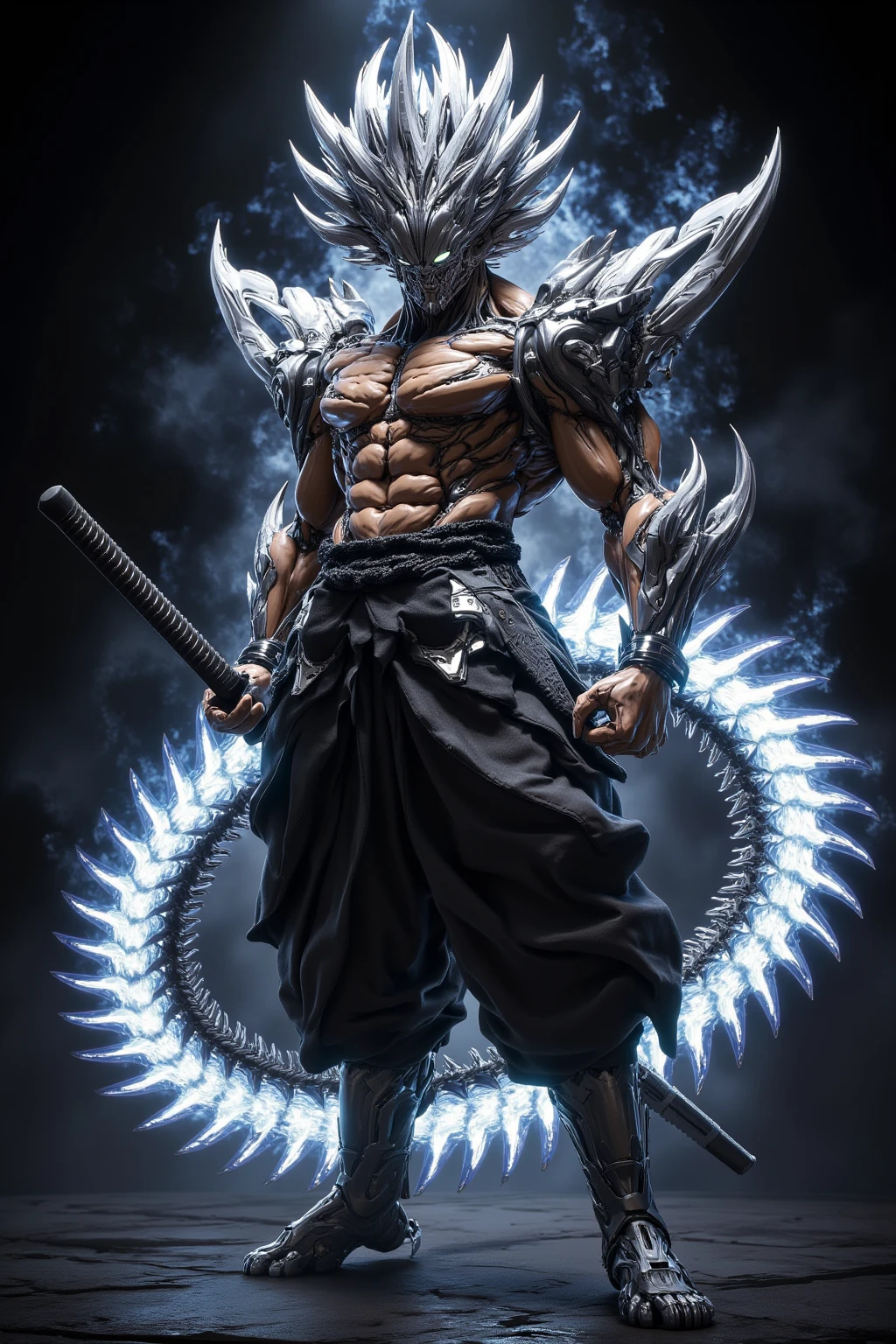 Humanoid creature, gray skin, big claws, spikes around the arms, fire on the hands