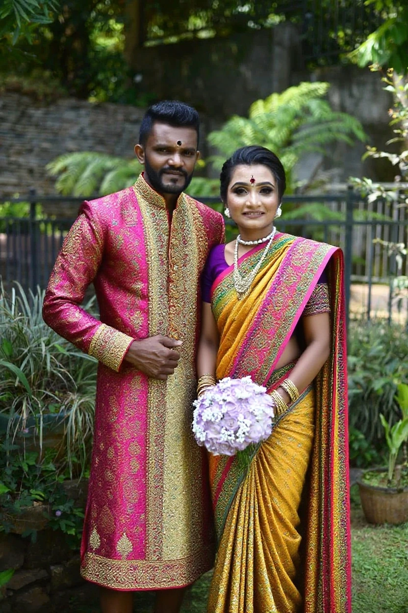 Create a cartoon image of a Punjabi couple. The man should be wearing a colorful kurta-pajama with a matching turban, and the woman should be in a bright and vibrant salwar kameez with a dupatta. Both characters should have happy expressions and exaggerated features typical of cartoon styles. They should be standing together in a cheerful setting, with elements like lush green fields, a traditional Punjabi house, or a tractor in the background to give a sense of their rural environment