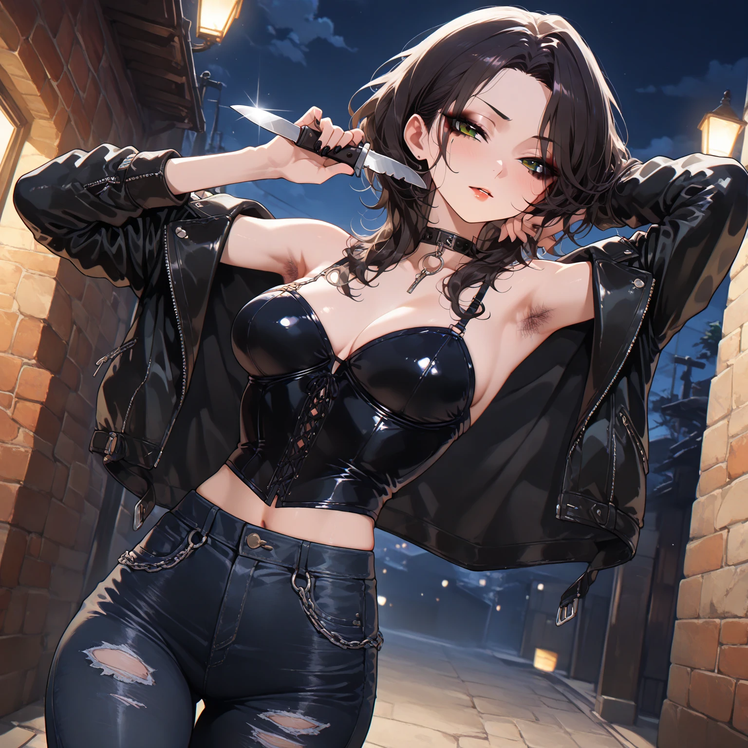 master-piece, hyper quality, hyper detailed, perfect drawing, CG, 3D, 8k, illustration, solo, beauty, purple-haired ponytail, ((only one horn grows from the middle of the forehead))), height 190cm, bountiful breasts, L cup bust 108cm, ((purple leather pantsuit))), (( The upper body is naked and wears only a jacket with only one button)), ((no bra))), skinny pants (low-rise pants), (holding an ultra super big sword in his hand: 1.5), cute smile, round big buttocks, cleavage, fluffy chest, isekai fantasy, townscape similar to medieval Europe, cobblestones, castle on a distant mountain, beautiful background, natural light, high-resolution, shooting from the front obliquely below, professional camera,