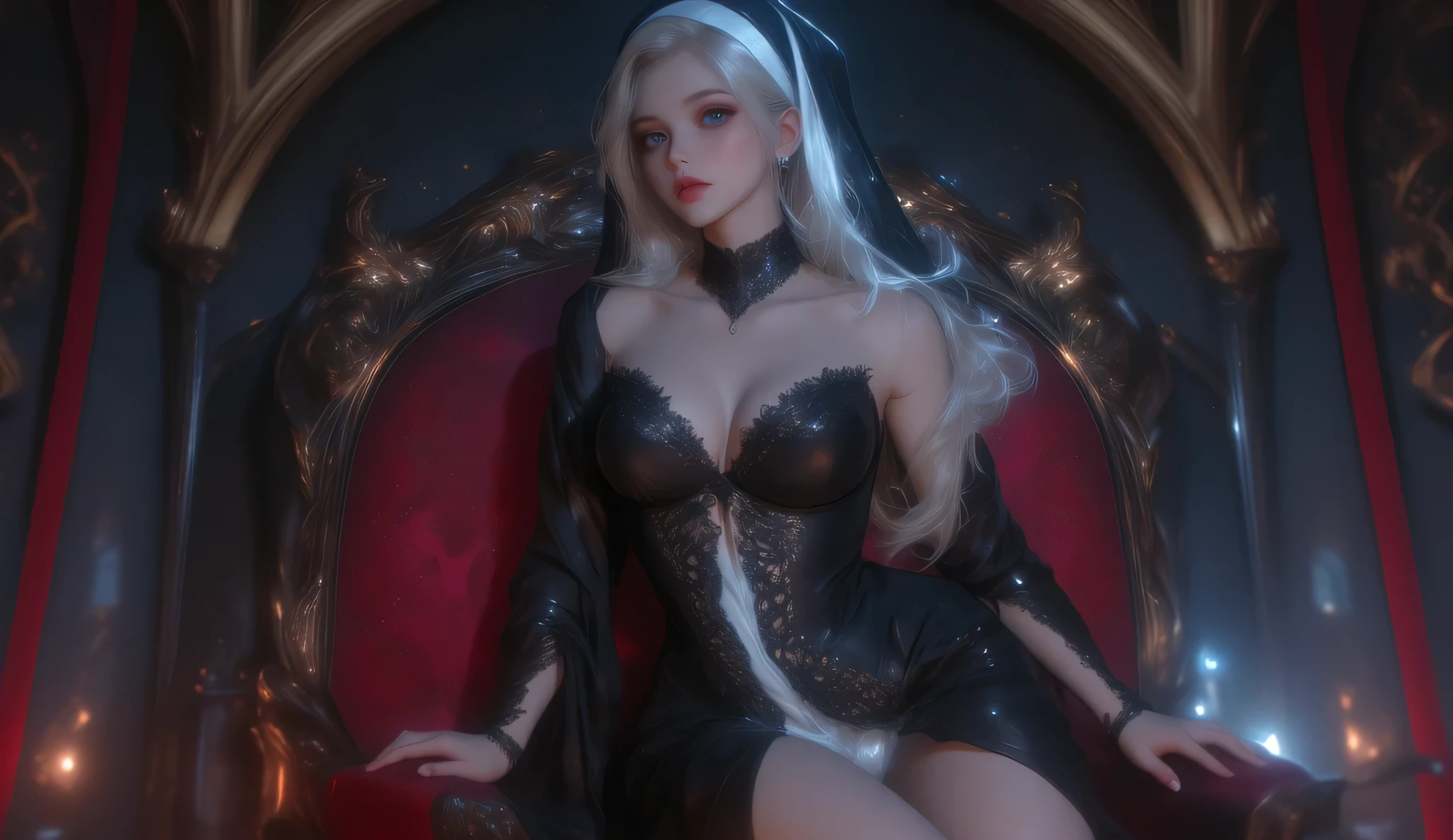 ((Лучшее качество)), ((шедевр)), (подробный), logan cure style, hdr, 8k, mature woman, adult woman, large breasts, 1girl, beautiful eyes, extremely long eyelashes, beautiful face, in love, looking at viewer, parted lips, skinny, ultra details, model posing, blue eyes, long hair, white garter belt and tights, cum in pussy, spread legs nude nipples, blond straight hair, straight bang, hyperrealistic cleavage, magik, x-men, red lipstick, gothic make up, milf background: luxury room negative:bad anatomy, missing fingers, bad hands, missing hands