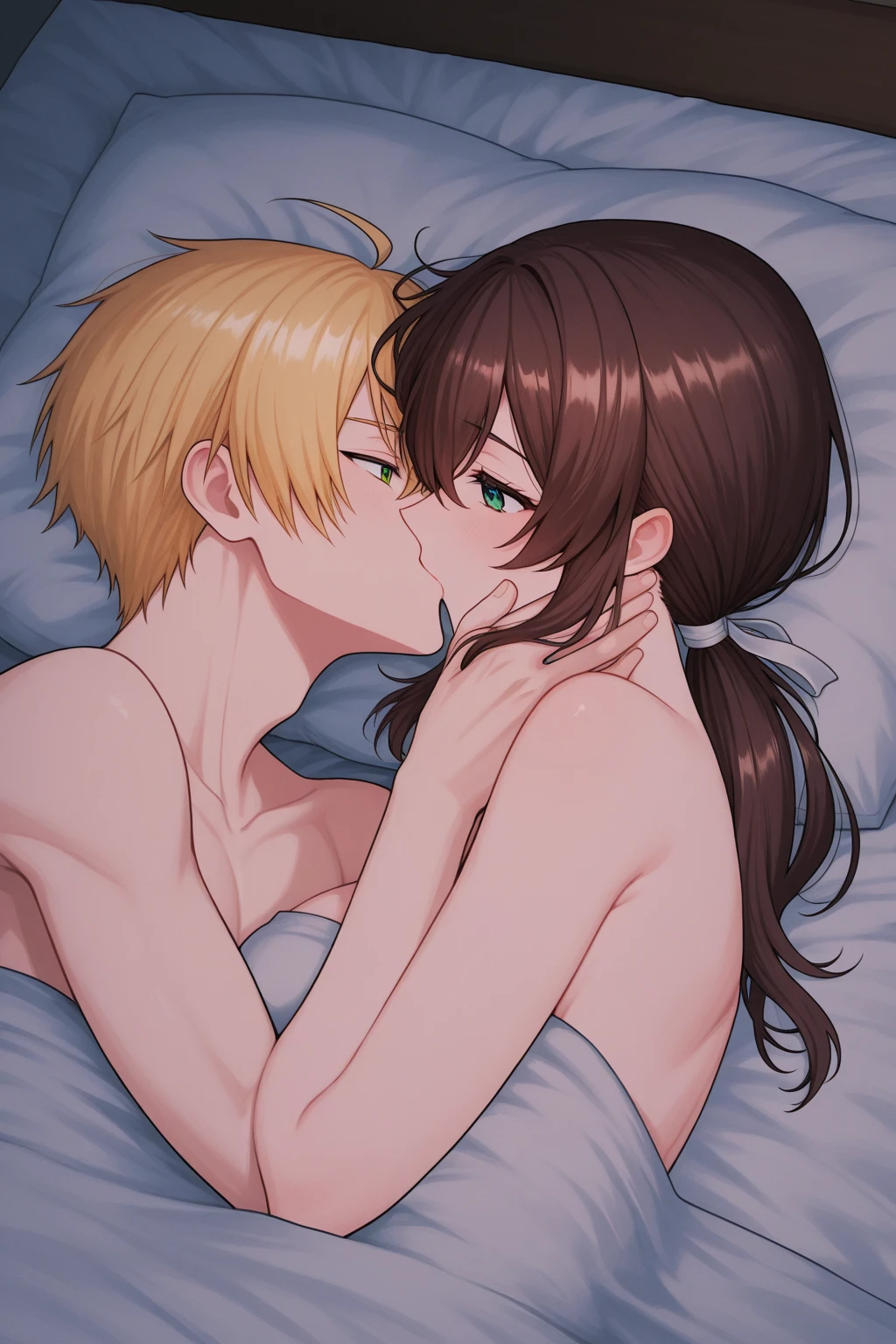 Young naked teenager kisses his beautiful friend in a bedroom 