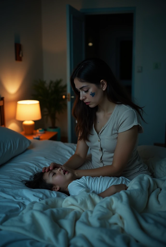 mother going to her 4 year daugher's bed when she sleeping peacefully. mother is in fear for something