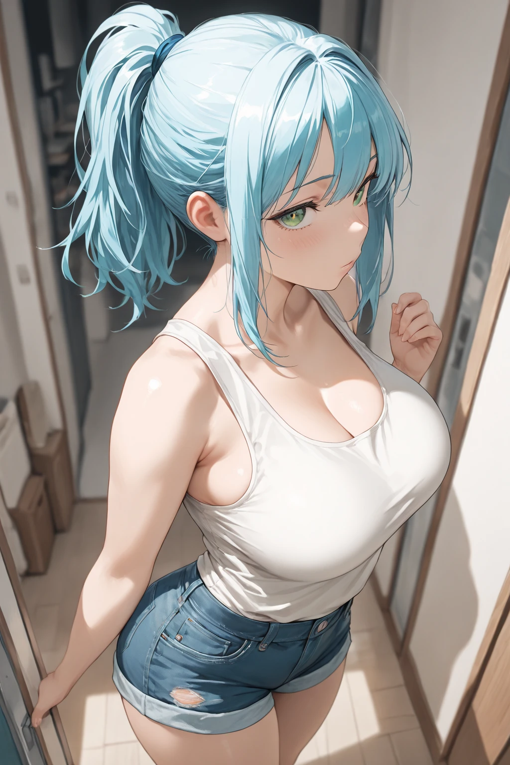 genshinnoelle, noelle, braid, flower, hair flower, hair ornament, short hair, silver hair, (green eyes:1.5),
BREAK belt, jeans, pearl_necklace, bracelet, black gloves, white shirt,
BREAK indoors, laboratory,
BREAK looking at viewer, (cowboy shot:1.5),standing, ((arms behind back:1.2)),
BREAK (masterpiece:1.2), best quality, high resolution, unity 8k wallpaper,NSFW ,(illustration:0.8), (beautiful detailed eyes:1.6), extremely detailed face, perfect lighting, extremely detailed CG, (perfect hands, perfect anatomy),