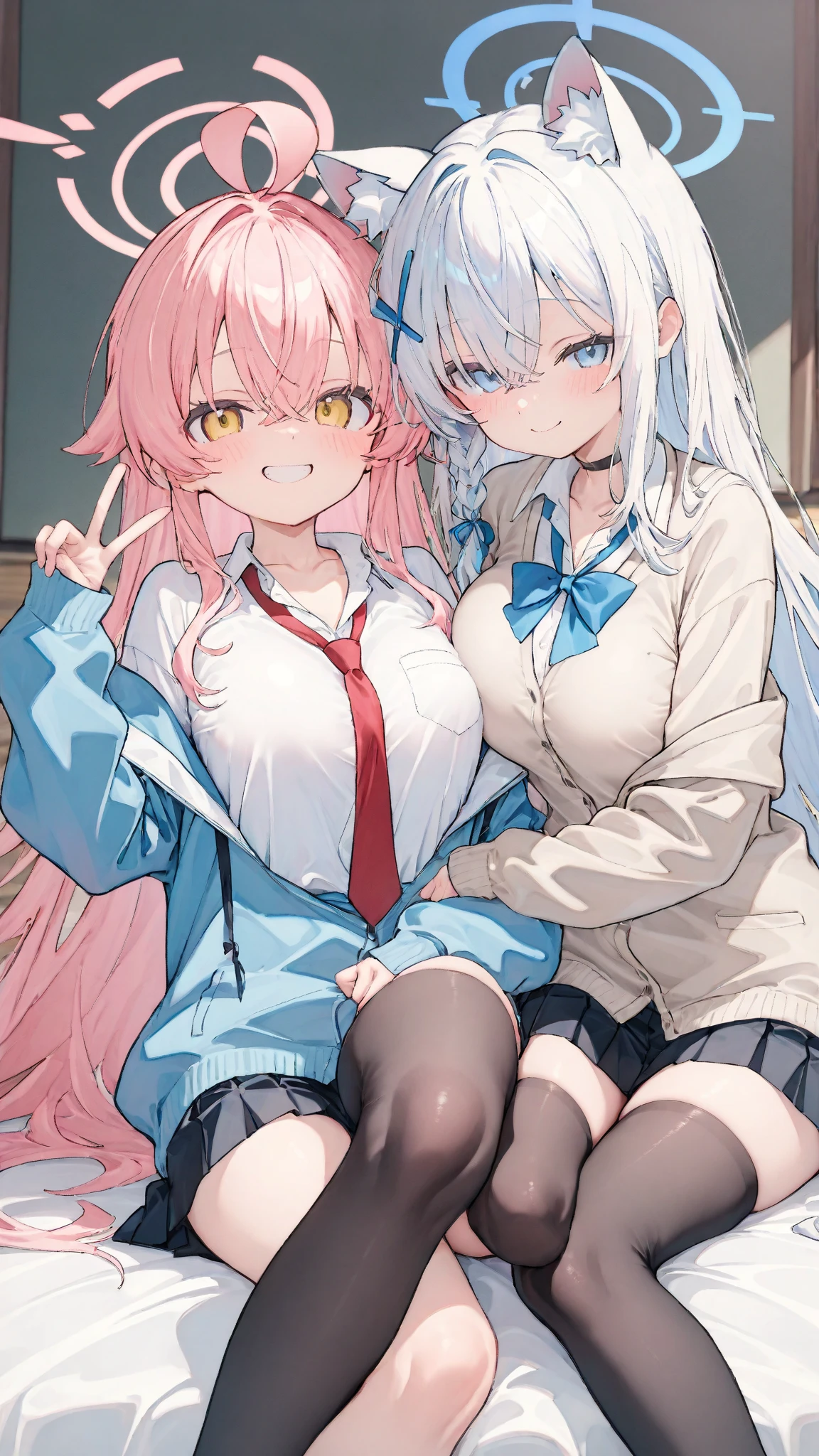chloe von einzbern, illyasviel von einzbern, long hair, breasts, looking at viewer, blush, smile, open mouth, bangs, multiple girls, skirt, shirt, hair ornament, red eyes, 2girls, hair between eyes, sitting, underwear, school uniform, collarbone, white shirt, pink hair, white hair, short sleeves, heart, sidelocks, thighs, small breasts, socks, dark skin, black skirt, bra, grin, dark-skinned female, orange eyes, v, pink bra