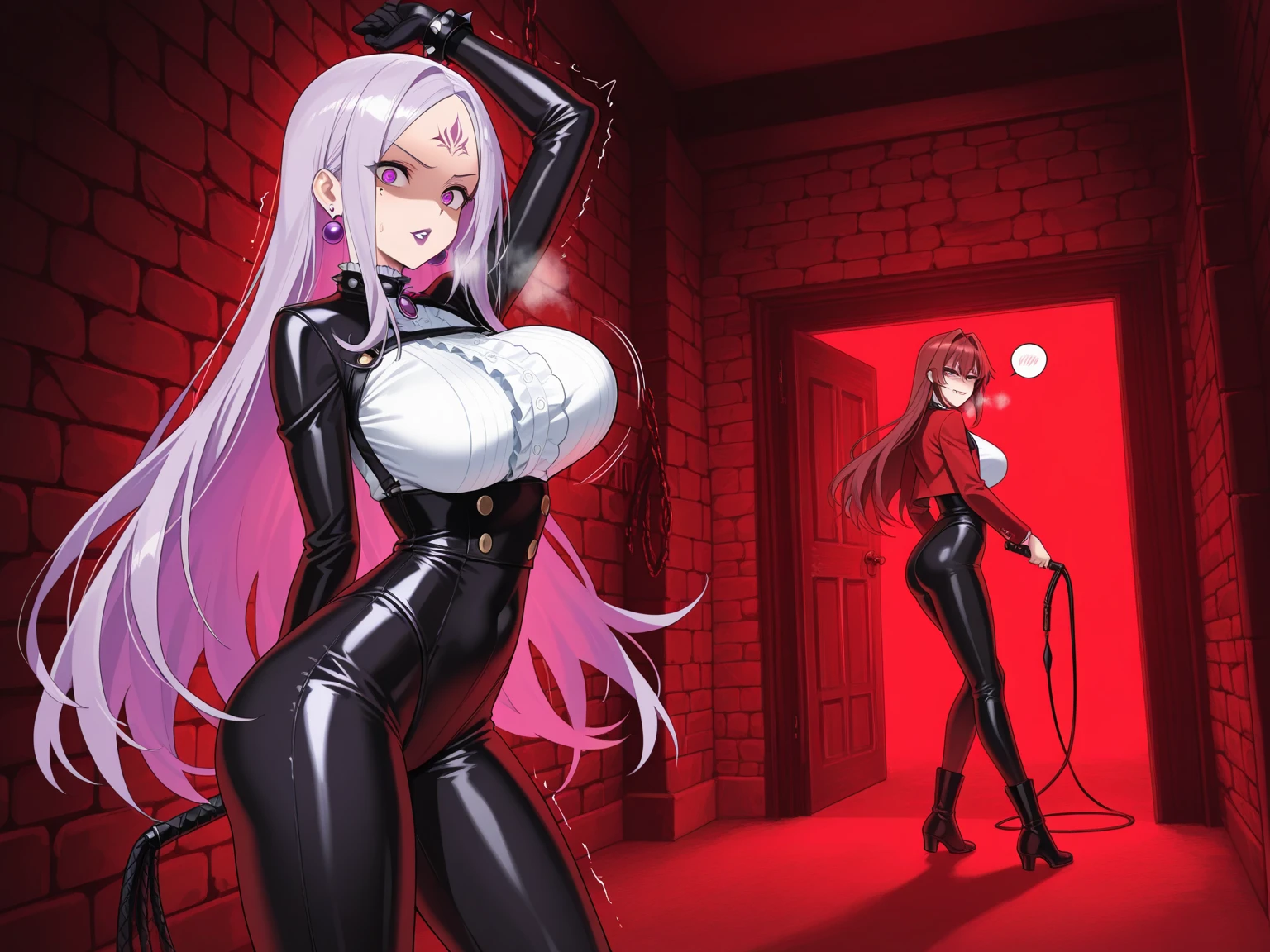 Latex girl lustful smirking smile red blush red cheeks, chain leash, kneeling, shackles, leather black collar slave, dog ears, fluffy dog ears, hands on glass breasts on glass ass on glass window fog water drop
