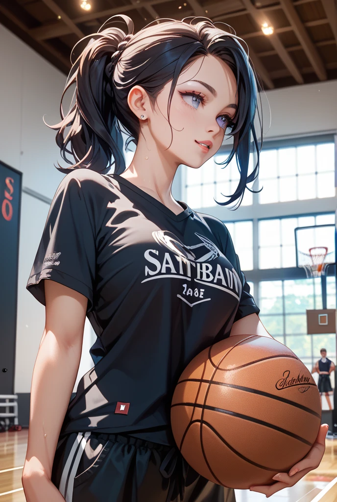 (Masterpiece: 1.2, Best quality), Realistic, (Real picture, rich detail details, depth of fields), (1girll, Solo), Makeup, harelip, High detail, Perfect face shape, (Big breasts: 1.4), (skin indentation ), thick thight, Wide hips, Big breasts Thin waist, Tall guy, coral, Redlip, red - eyed, horse tailed,((((Girl playing basketball, Transparent black basketball suit)))), (sweat leggs: 1.2), (dampness), Raised sexy, Be red in the face,Sweaty,((Good hands))