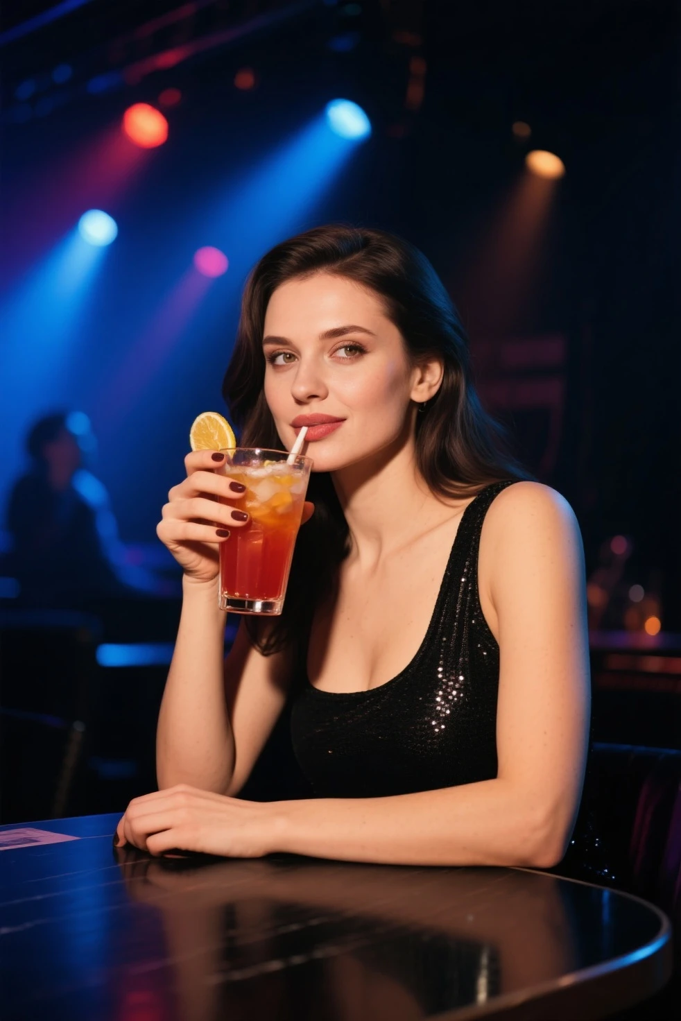 Bartender boy serving drink to Lana Del Rey