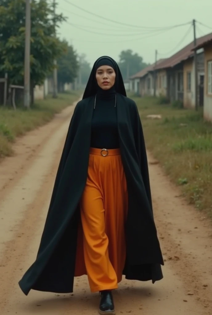 (A realistic image of.2)  An Asian woman, weighing 75 kilograms, and stunningly beautiful, wears an Islamic headscarf, a black long-sleeved shirt, a red skirt, black shoes, has a voluptuous chest with super large breasts, poses with her feet stepping on a red devil lying on the ground, holds an Islamic Quran in her hand, stands on a path through rice paddies, with a large mountain in the background. She has a faint smile, thick eyebrows, thin lips with pink lipstick, and yellow eyes.