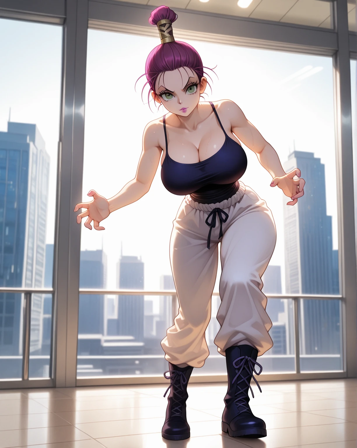 full body, stretching, large breasts, purple theme, <lora:edgGymtasticv2:0.8> edgYoga, breasts, cleavage, crop top, clothing cutout, tight high-waist pants, wearing edgYoga, sports bra, yoga pants,, absurdres, ultra detailed, masterpiece, best quality, aesthetic, detailed,, solo, seductive smile, red lips,
1girl, purple eyes, red hair, blunt bangs, medium breasts, <lora:hair_rings:1> low hair rings, <lora:EllaNyan:1>,
