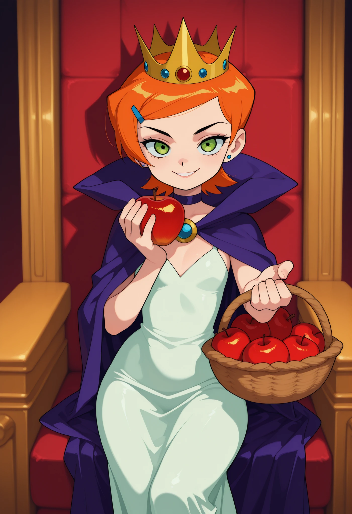 Gwen Tennyson . ginger . short hair . green eyes . flat , flat , huge . slim body . choker . | grimhilde, 1girl, cape, cloak, crown, dress, makeup, retro artstyle, throne room, robe, wicked smile, basket, holding apple, reaching towards viewer, looking at viewer, score_9,score_8_up,score_7_up,source_cartoon,
