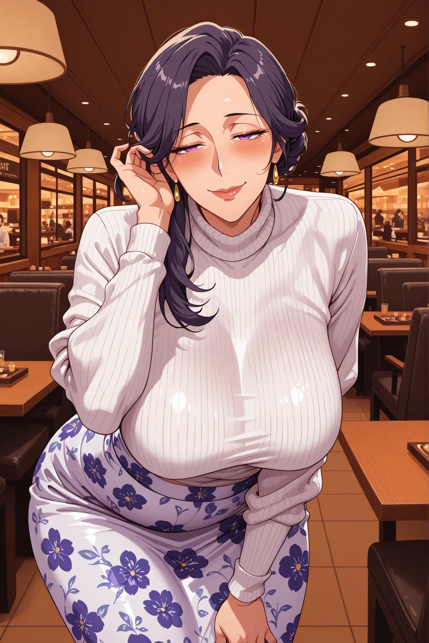 sexy woman, mature, huge breasts, large breasts, nude, nipples, curvy, voluptuous, crossed legs, brown hair, green eyes, short cut, slick back, necklace, smile, sitting, restaurant, indoors, solo focus, multiples people, crowd, public indecency, public nudity, exhibitionism, (masterpice:1.5), (high-quality:1.5), (best-quality:1.5), (highly detailed woman), high detailed eyes and face, highly detailed fingers, intricate_details