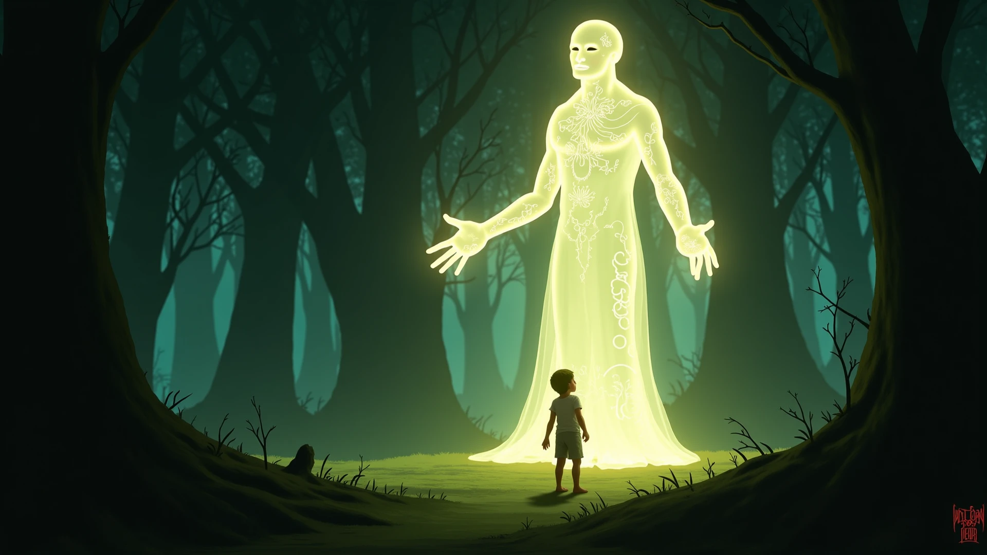 A chamber within the temple filled with gold, jewels, and ancient artifacts. Aidan stands in the middle, reaching out towards the treasure. The Jungle Princess appears as a fierce, spectral figure, her form ethereal and terrifying, with the temple shaking violently around them.