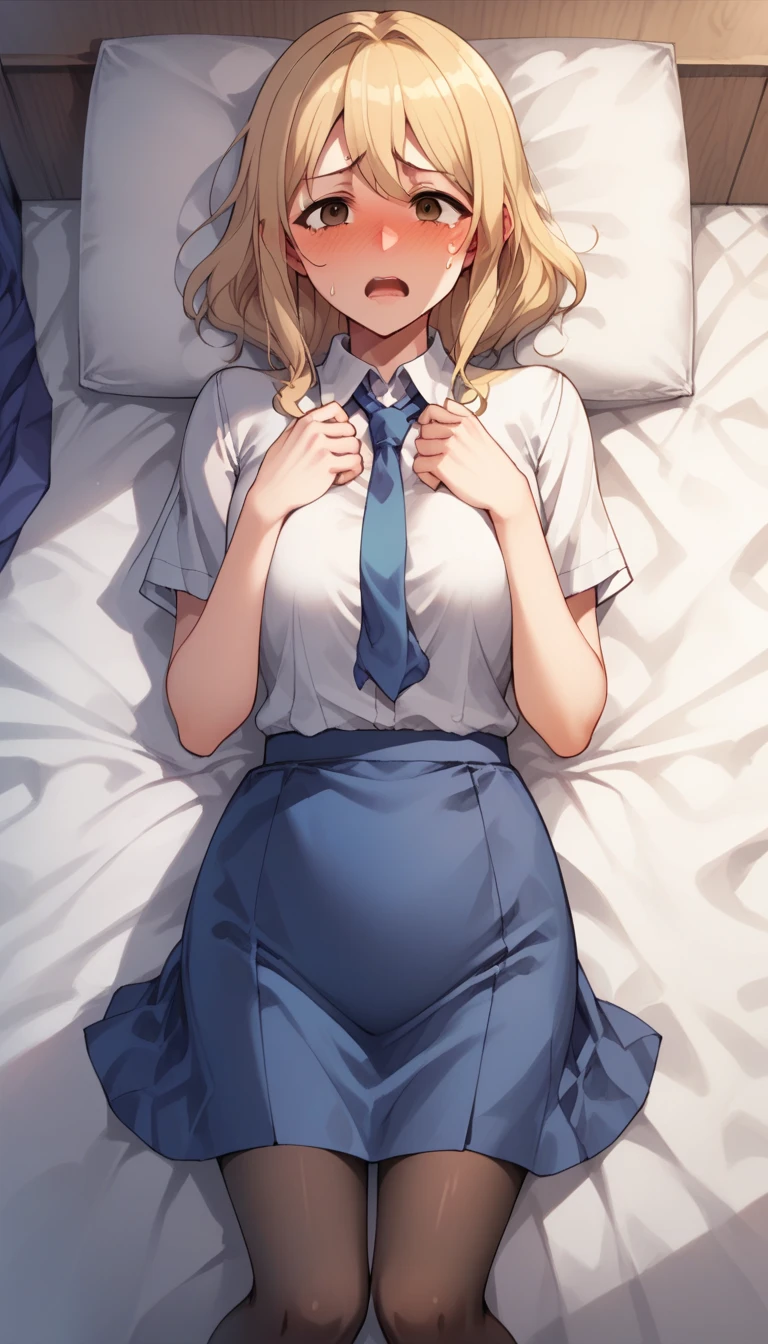 White long sleeve shirt、blue tie、Blue Skirt、White tights、Blonde、Ahoge、Braided Hair、Shortcuts、Embarrassed face、Saber、、Lie down with your legs apart、bed、Emphasis on the groin、Like the whole body、Toe emphasis、Sweaty、blush、Sex workers