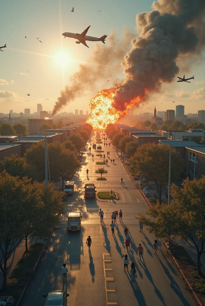 napalm falling in a Russian city, seen from afar, hyper realistic, hyper detailed