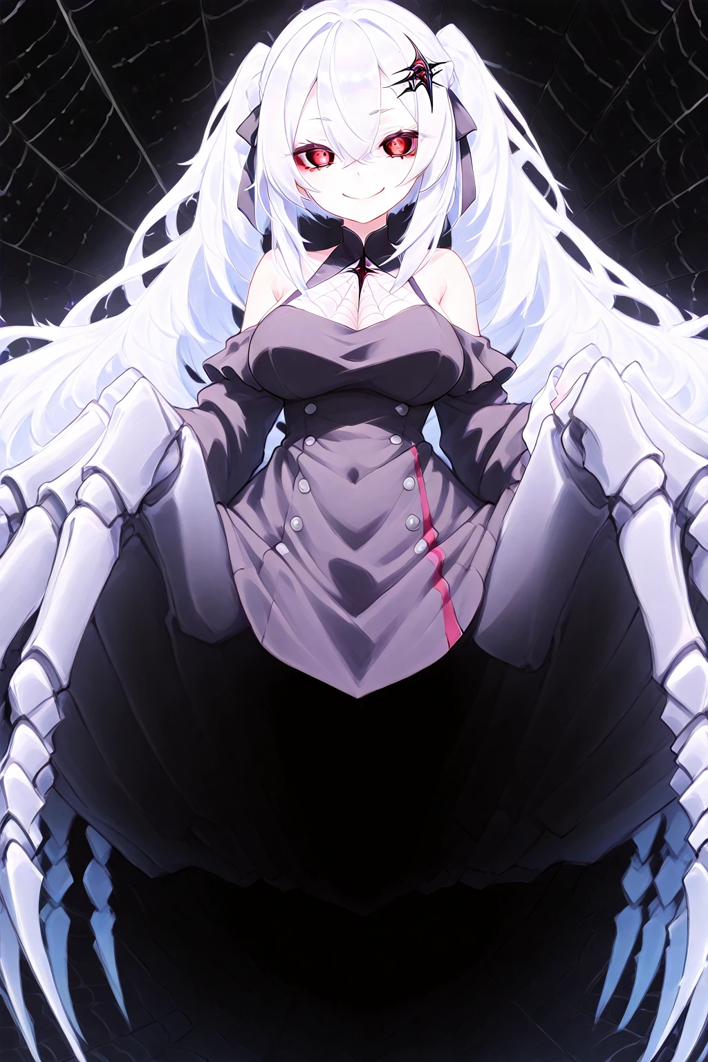Masterpiece, High quality, High quality of art, anime lineart, 1girl,white hair, black eyes, white eyebrow, red eyeshadow, Tall, black cyber clothers, light gray cyber pants, big hips, big chest, very blush, white hearts in eyes, in future base, looking at viewer, smile, white skin, white hearts in eyes 