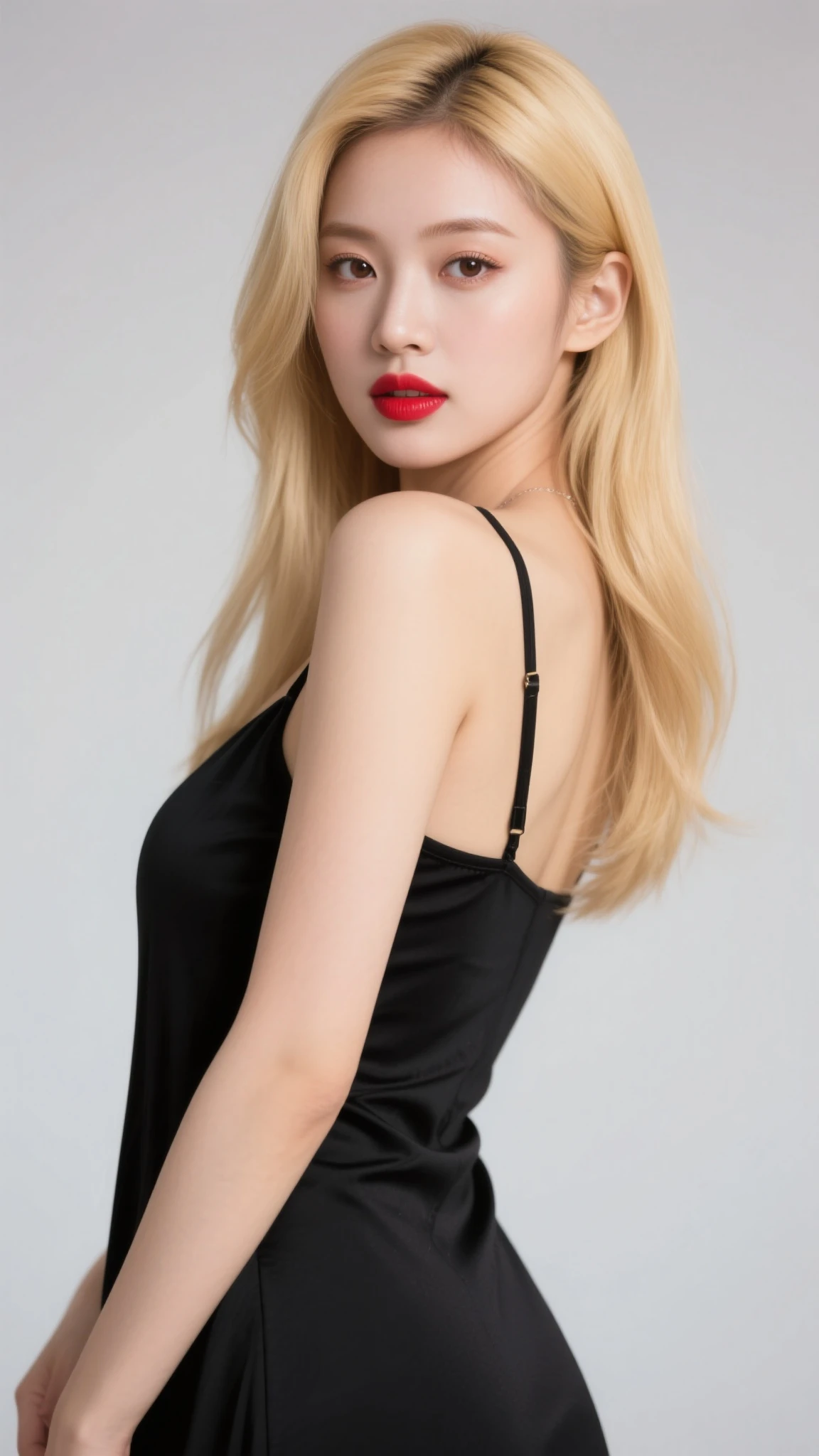 1 girl, black background, black shirt, wearing pantyhose, micro skirt, blonde hair, blue eyes, breasts, closed mouth, eyelashes, lips, long hair, looking at viewer, make-up, nose, realistic, red lips, shirt, background  simple,solo,tank top,top body,