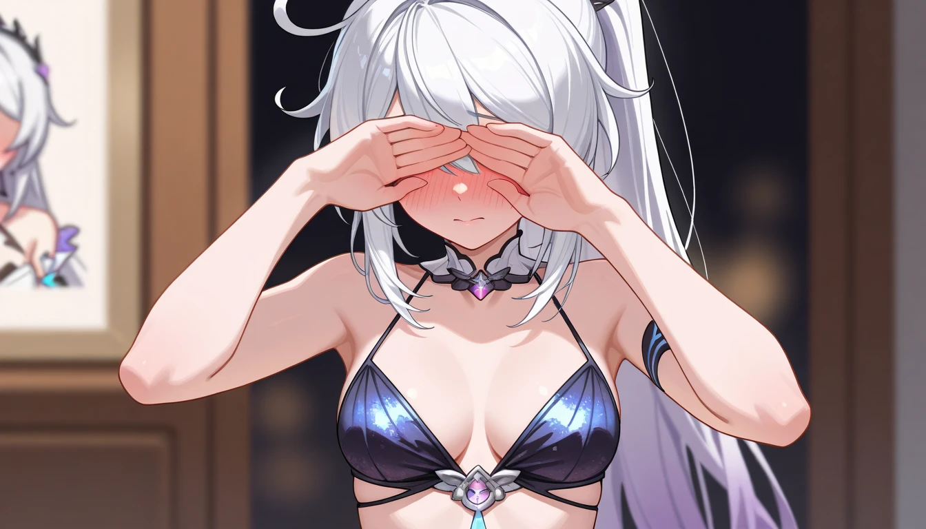 kelolinde,1girl,jewelry,breasts,skirt,solo,shirt,bra,cleavage,pantyhose,necklace,looking at viewer,holding,black bra,long hair, white hair, purple color eyes, detail face, detail hair, detail eyes, detail bra