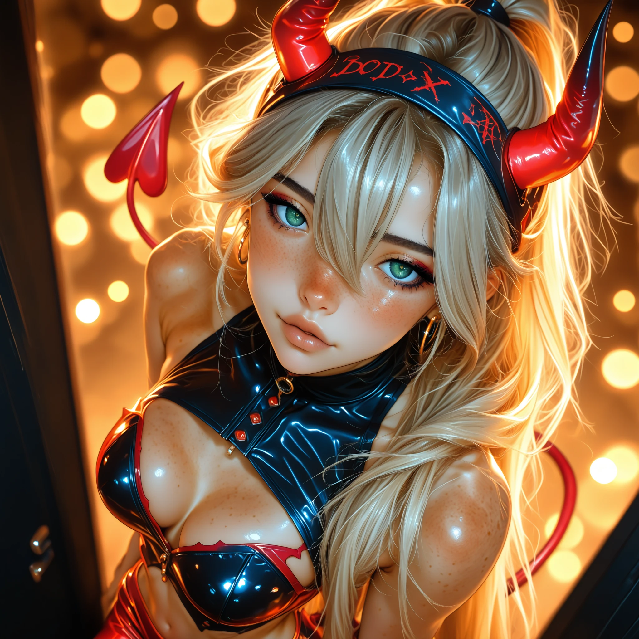 text, Highest quality, masterpiece, 4K, Absurd resolution, Ultra-high resolution, 8k, Actual, Realistic, Bright colors, Bokeh, Vibrant color palette, Great studio lighting, Very detailed, Detailed eyes, Detailed skin, Detailed Hair, Detailed face, Detailed fabric, BREAK, YamatoV2(one piece), sexy Pose, Perfect body skinny, Fine and beautiful eyes, Beautiful Lips, Highly detailed face, Long eyelashes, sexy, horn(Wrapping , Left and right pair, multicolo Red), large breasts , Cleavage, Slim waist, smile, Torn clothes, Loincloth, Hands in chains, Very detailed, Bright colors, ,The clothes are see-through , full-body, dynamic angle, (Background is brothel )