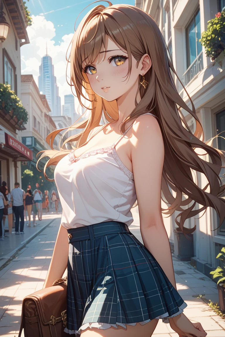 Best quality, masterpiece, stoic, looking to the side, close up, girl walking along stone floor, strapless yellow tank top with black string, ripped jeans, toned arms, small breasts, very long brown hair and brown eyes, messy hair, (((swept bangs))), teal lockers, crowded, sweat, pillars, vines, tropical plant,