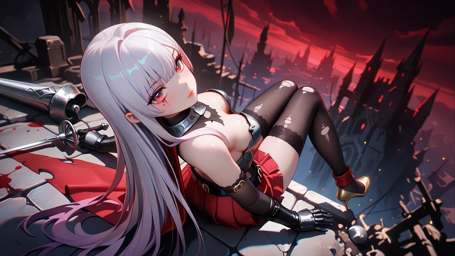 1girl, anime, Prinz Eugen (Azur Lane) sitting in a chair, cross legged, lower POV, prinzv4, eugendress, black_gloves, eugennight, bare_shoulders, masutepiece, Best Quality, PrinzV4, 1girl in, Solo, Long hair, breasts, Looking at Viewer, Large breasts, gloves, Navel, Holding, Yellow eyes, White hair, Red hair, multicolored hair, Open your clothes, official alternate costume, striated hair, put hands on the hip, Headgear, a flag, Red panties, Pending Flag,Poses that emphasize breasts、top-quality,Black swimsuit、Black string swimsuit