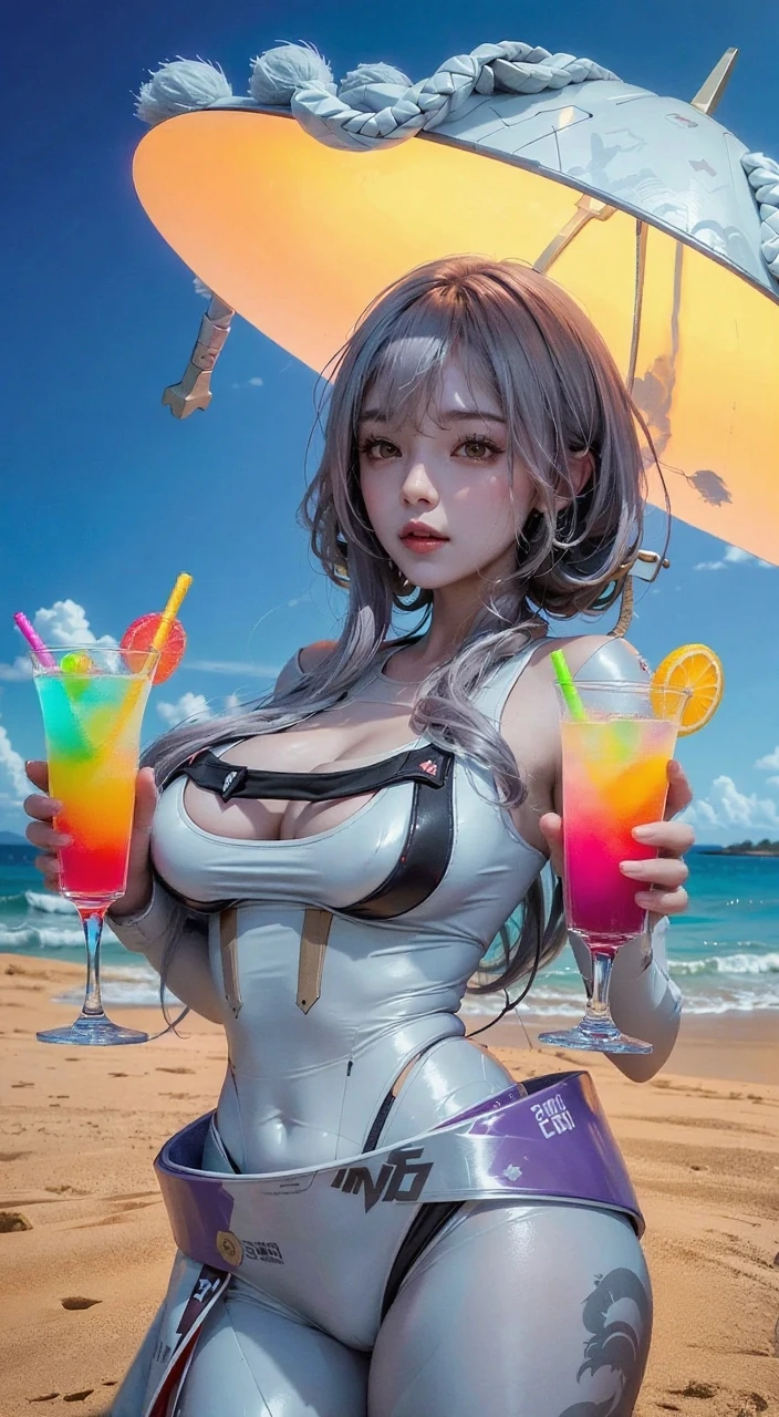 A woman wearing a transparent white beach top, wearing a white bikini, big breasts, smiling, walking on the beach, wide view of the sea, sunset, beach glasses in her hair, black hair, long hair, ahoge, red eyes, perfect face , perfect eyes, standing posture, holding a can of yellow soda, perfect fingers, beach umbrella at her side,UHD , prime work , accurate , anatomically correct , textured skin , super details , high quality , best quality, 8k, high resolution, bokeh effect. (woman solo), realistic, close view, realistic