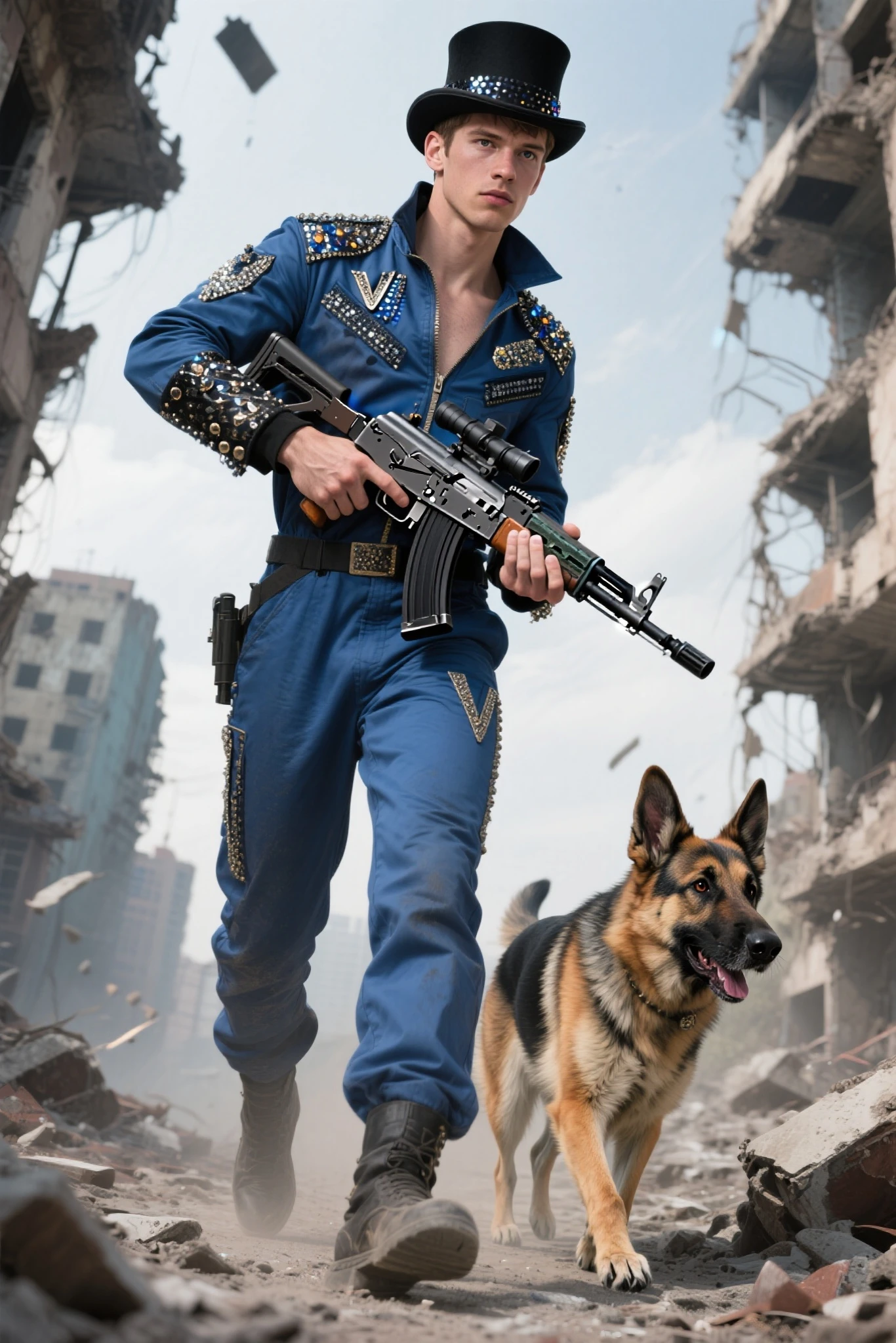 {{{1boy is a man,30 years old,blue Vault jumpsuits,black top hat,embellished_costume,hoiling a machine gun}}},{{{best quality}}},{{ultra-detailed}},{super detailed skin},{{perfect }},8k,beautiful detailed eyes,(5 fingers),1boy,1dog,(1dog is German Shepherd),ruins city,walking,((realistic)),from below,dynamic angle