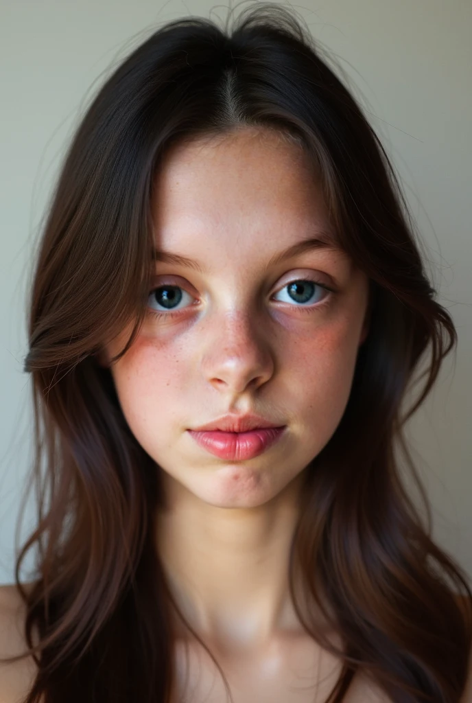 A portrait of a cute 18-year-old girl who looks both cute and gorgeous with an innocent expression. She has freckles, small lips, and big, expressive eyes. Her hair is long, framing her face perfectly. Her complexion is soft and glowing, enhancing her youthful and innocent look. The background is softly blurred to keep the focus on her charming features.