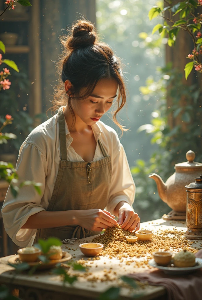 (8k, RAW photo, best quality, masterpiece), (photorealistic), outstanding details, ultra-high resolution, anatomically correct, textured skin, (Extremely precise and accurate anatomy), Ultra Detailed Face, Detailed Eyes, A girl sitting and making ancient Jomon-style pottery, (Cute Japanese girl, 20 years old), light smile, cinematic lighting in the hair, hair light, wind in the hair, A square in the forest., (backlighting), reflection light from below, atmospheric perspective, depth of field, (dramatic lighting), cinematic lighting,
