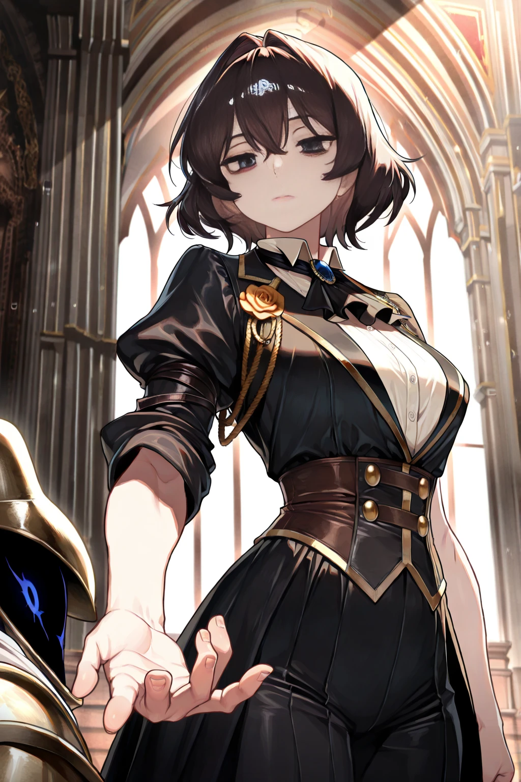 Best Quality, intricate details, 1girl, medium dressed breasts, Short hair, Hair, looking a viewer, ((blank eyes)), Flat eye colors, (Evil smile), the madhatter, ((madman)), ((A madman's smile)), Shadow at the bottom, ((1 small pupil of the eye)), Large cast shadow on the face,