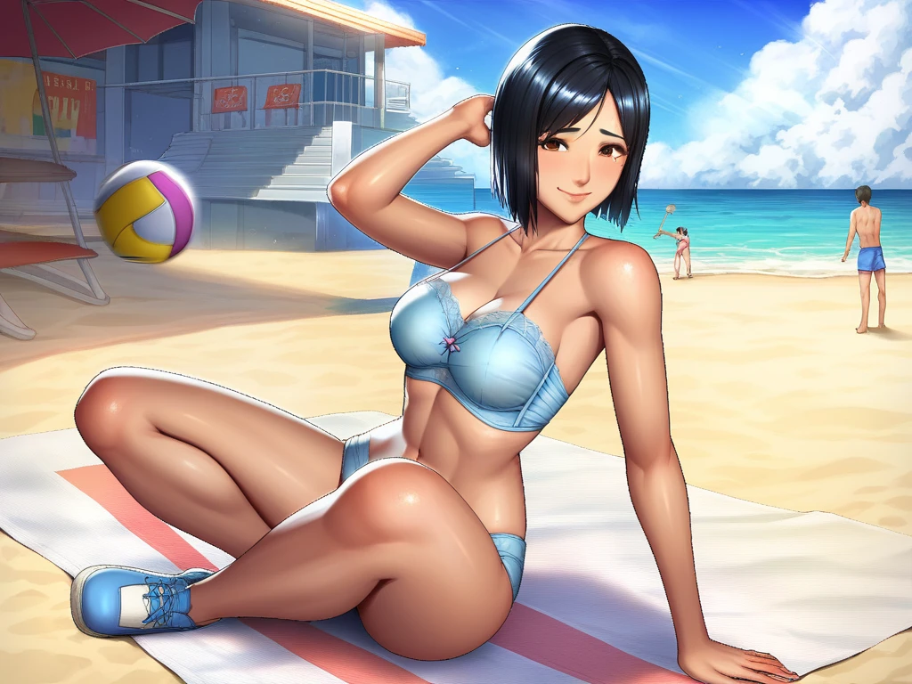 Ecchi, 8K, photo shot from front, highly-detailed, girl winking and giving a suggestive smile, playful expression, short black hair styled in a bob cut, [Nami|Rangiku Matsumoto], in a lush and tropical beach with crystal-clear waters and palm trees