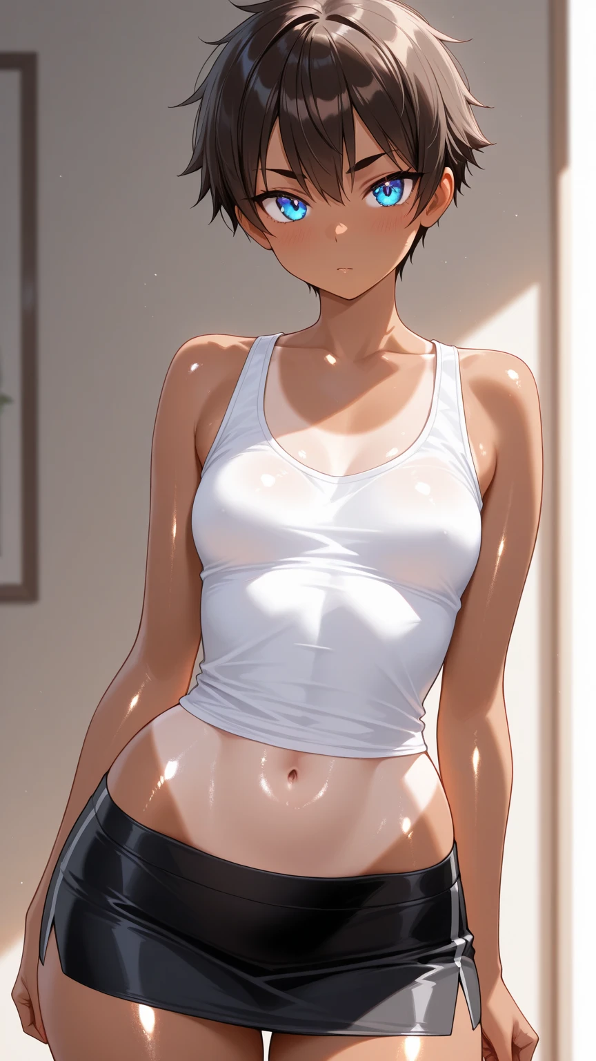 1Girl, short hair (shaved sides), tank top (detached sleeves), looking at viewer, upper body, from side Big Breasts, Sweat