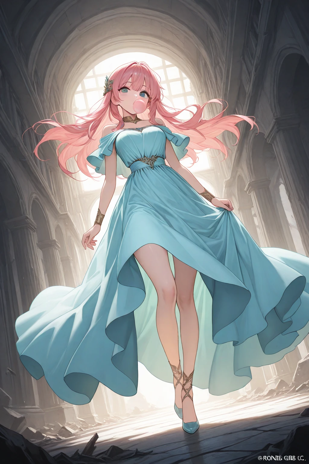 masterpiece:1.2, highest quality, 16k, highres, ultra-realistic, photorealistic:1.37, beautiful detailed:1.2, cute girl, Fashion show, fashion model Striking a pose while standing elegantly on the runway, beautiful delicate avant-garde revealing dress, gently smile, beautiful delicate(hair, face, long eyelash, eyes, pupils, lips, knee, anklet, dress), sparkling eyes, shining rosy lips, blushed cheek, through bangs,