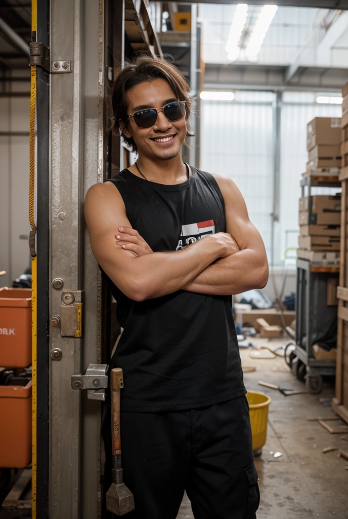 (masterpiece, best quality, RAW photo, trending on artstation) portrait, 1man, middle aged, 45 years old, mixed ethnicity (short curly hair), glasses, dark skin, overweight, sitting, wearing black shirt, geeky, nerd, dad bod, coffee shop background
