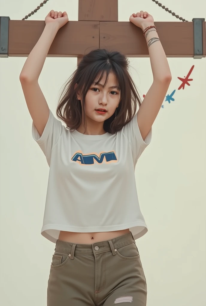 xoaeriel, a beautiful woman with wavy brown hair, ojos azules, nariz redonda, wearing an oversized t-shirt with no logo ,usando leguins,hiperealista,NSFW