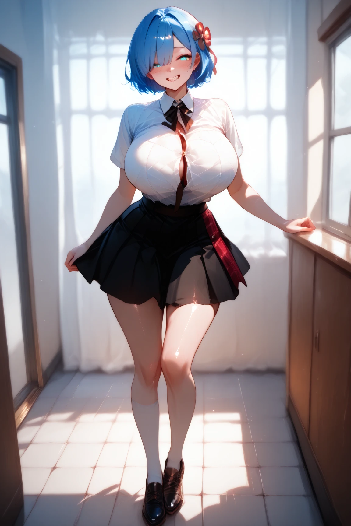 masterpiece, top-quality, 1girl in, lightblue hair, yellow eyes, short-cut、 Fluffy skirt、Raw feet、atlibrary、big breast beauty、I'm showing my pants、bra very、Sailor Mercury