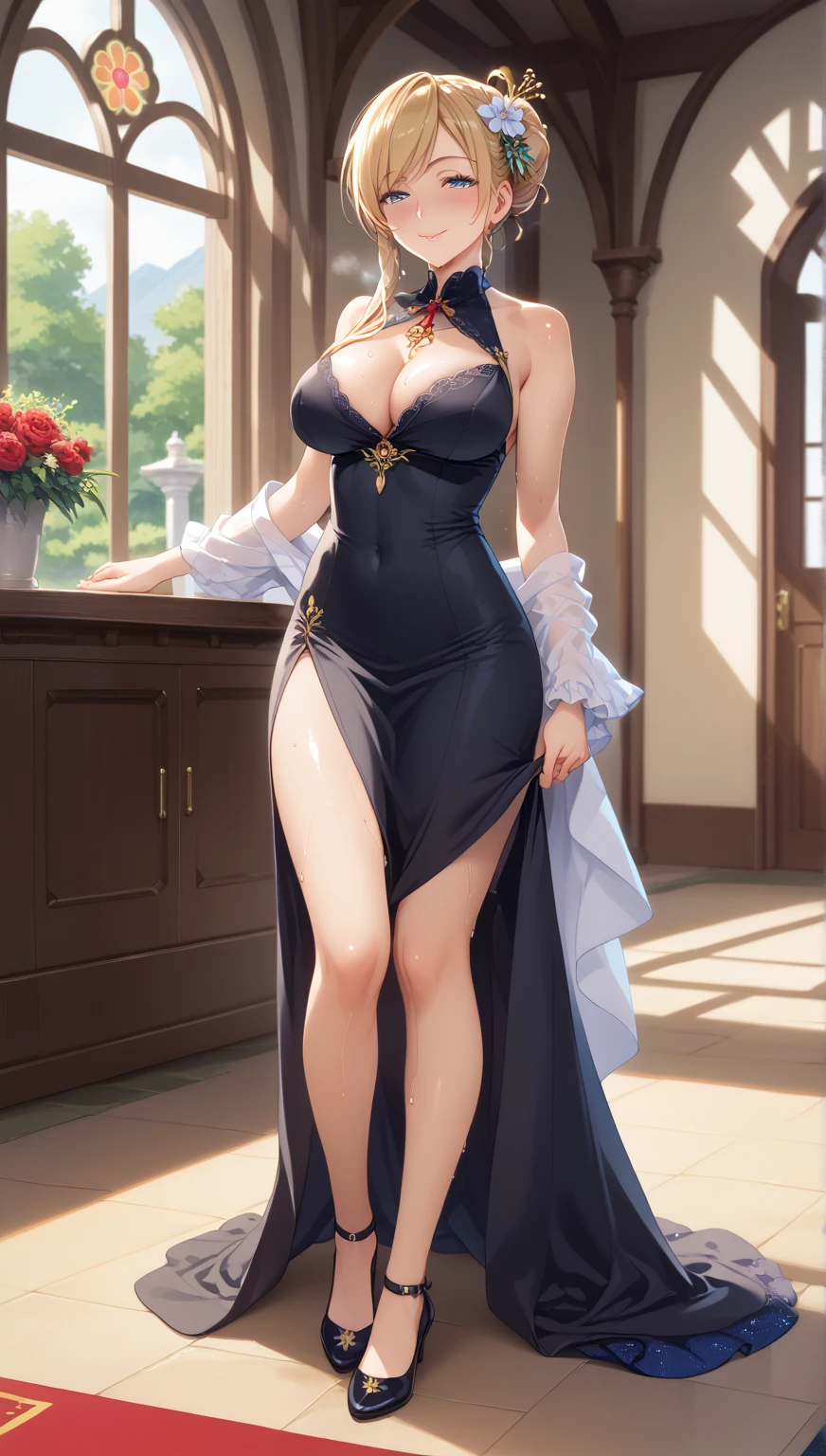 Night time,(Masterpiece), Best Quality, ultra-detailed, 1girl (eri, Slender and sexy body, huge breasts, wide hips, brown hair, single hair bun, brown eyes,half-closed eyes, spectacles), evil face, smirk,parted lips, mascara, full makeup, red lipstick, facing viewer, looking at viewer, solo, red opera dress( staples dress), ornate dress, long dress, cleavage, bows, in the livingroom, standing, Sexy waist teasing , come-on, lure , Full-body