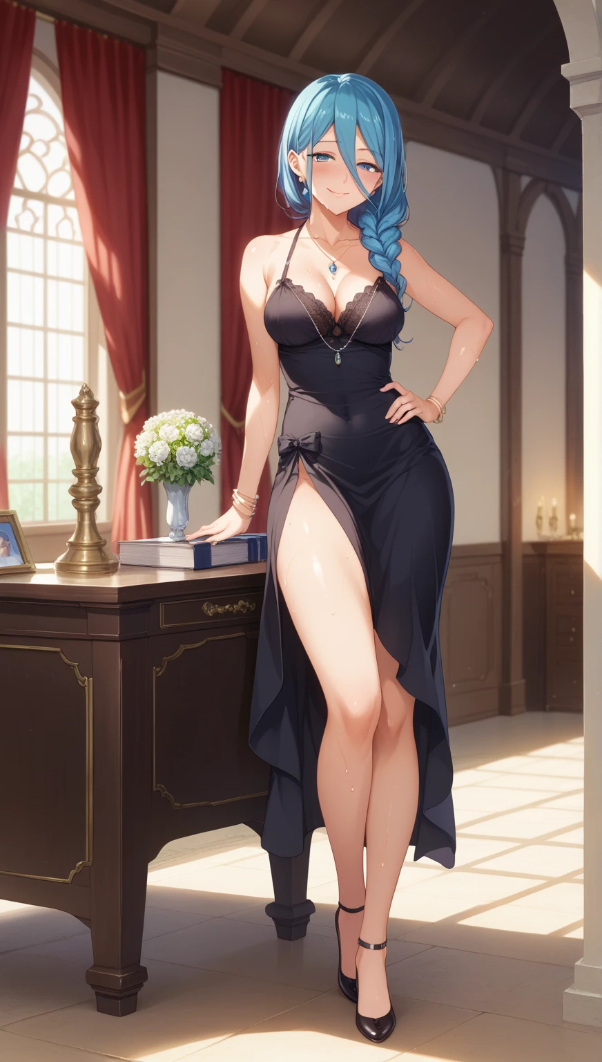 (8k, RAW photo, best quality, masterpiece:1.2), (intricate details), perfect eyes, perfect face, perfect lighting, beautiful, (masterpiece:1.2), (best quality:1.2), 1girl, solo, Marinette, blue hair, (( loosen hair, bangs )), adult torso, 19 years old, smirking, huge sized breasts, (short red pirate dress), pirate hat, cowboy shot, 3DMM, seated, front view