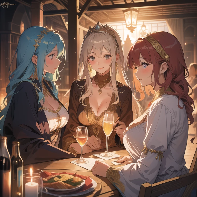 (work of art,highest quallity),Mediovale,A lively tavern,warm lighting,Group of adventurers,Female sorceress,Female sorceress,male swordsman,male swordsman,celebrate with beer,ssmile,detailed expression