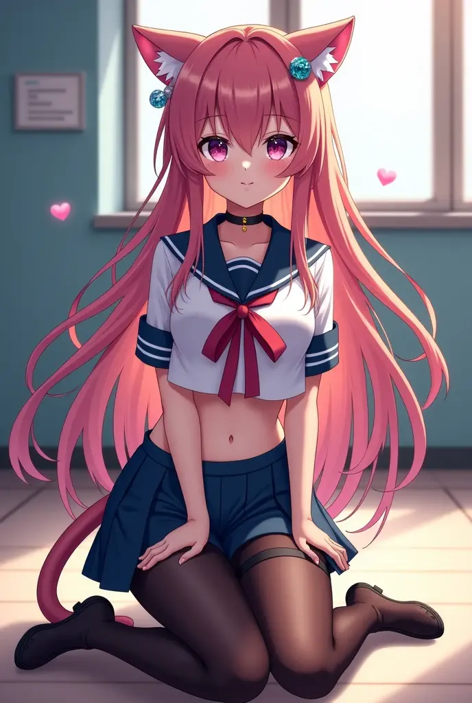 An anime girl with a body,She has beautiful pink hair,Wear schoolgirl uniform,Create a seductive pose,Still holding a teddy bear in hand