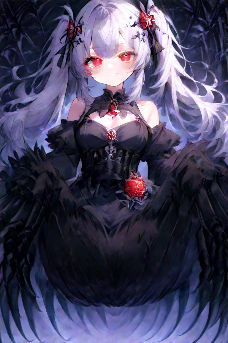 HD, masterpiece, best quality, extremely detailed, anatomically correct, sharp focus, Midnight, red moon, altar isle, falling petals, flying butterflies, ((full body portrait)), 1girl, solo, camilavtuber, silver hair, longcurly hair,red highlights, red eyes, slim arms, black gloves, medium chest, 1devil wing, black mini dress, slim legs, black high heels, close up, innocent pose, Eye-Level Shot, front view, innocent pose,smile