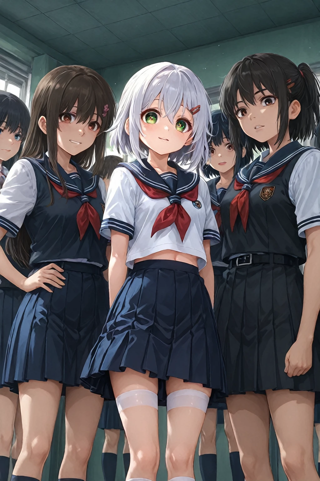 (master piece, high quality), (multiple girls), 14yo,  locker room, (white panties), school shirt, (group selfie), wide angle, soft light,Press against chest,Crushed chest,crotch grab,A girl is masturbating

