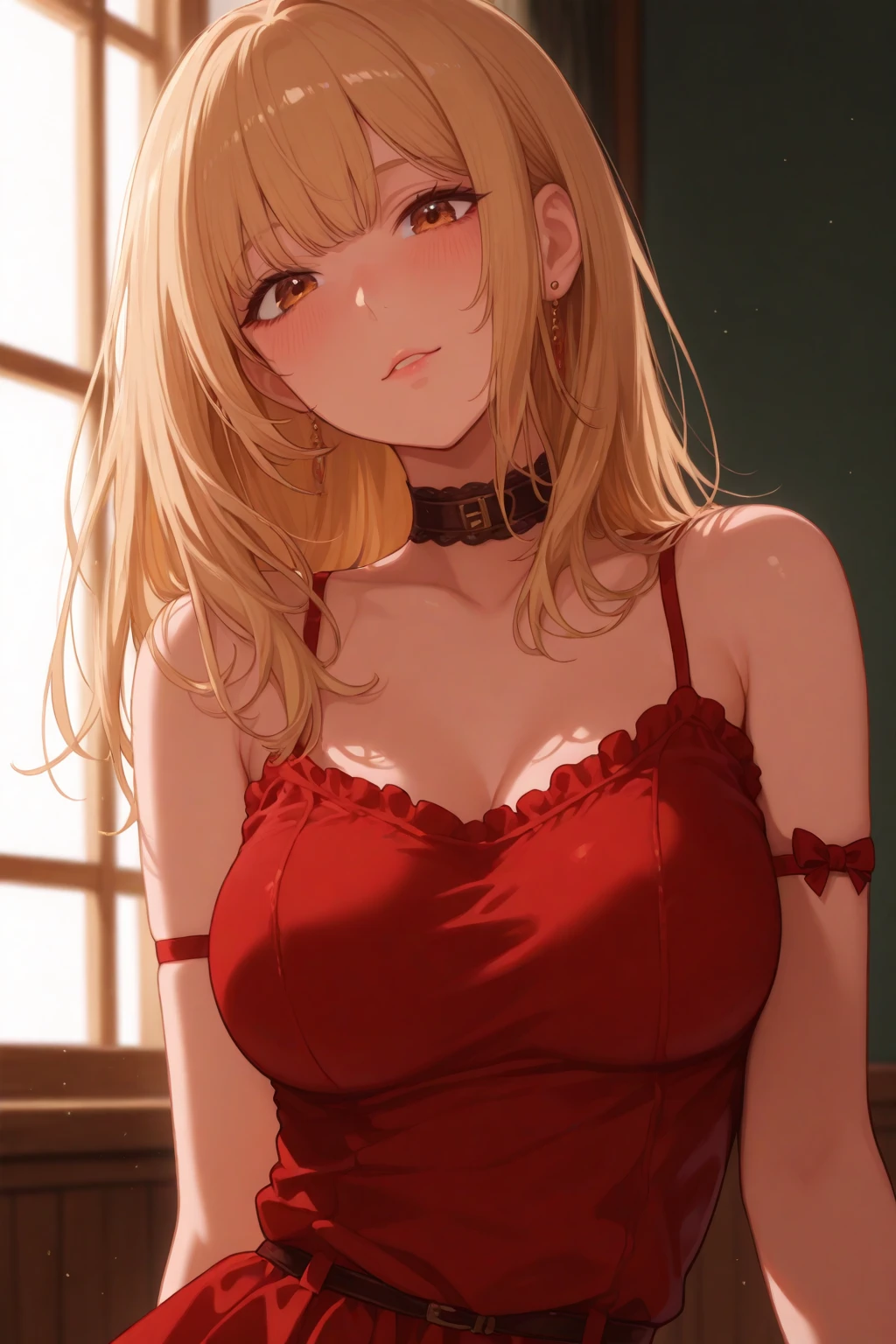 Adult Woman, masterpiece, 1girl, Amazing Cleavage:1.3, thin waist, big ass, Raised sexy, small breast:1.0,posed cleavage:1.2,solo, open mouth, have a cup of coffee,black hair, red eyes, dress, bare shoulders, jewelry, collarbone, sidelocks, hairband, earrings, indoors, off shoulder, arms behind back, plant, short hair with long locks, black hairband, sweater dress, off-shoulder sweater, red sweater, big side hair, very long side hair,is rendered in (masterpiece: 1.2, best quality), with (ultra high resolution) and an exquisite (depth of field). This masterpiece is not only visually stunning but also tells, make of cooking some cakes ,in the kitchen,Long dark blonde wavy hair、her thin pubic hair, Puffy nipple、(short flared skirt)、garter stocking、Earring、Medium milk, cute smile face、(Pose to lean forward and emphasize the chest)、sexy hips、high-heels、atlibrary、((Close your arms to your chest and look up)),(with sparkling eyes and a contagious smile), looking at viewer,
