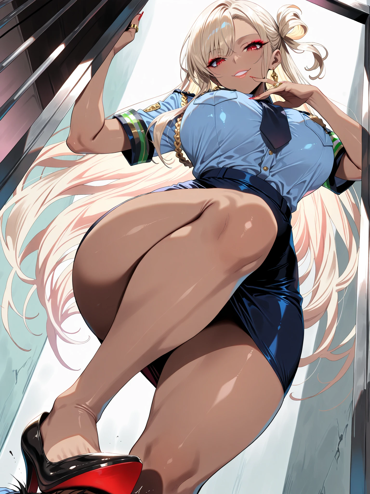 photorealistic, high resolution, 1 Brazilian women, shining skin, solo, perfect face, (long white braided hair), (blue eyes), closed mouth, (muscular legs), medium breasts, lace underwear, stockings, maid uniform, bends over, shot from back, at room