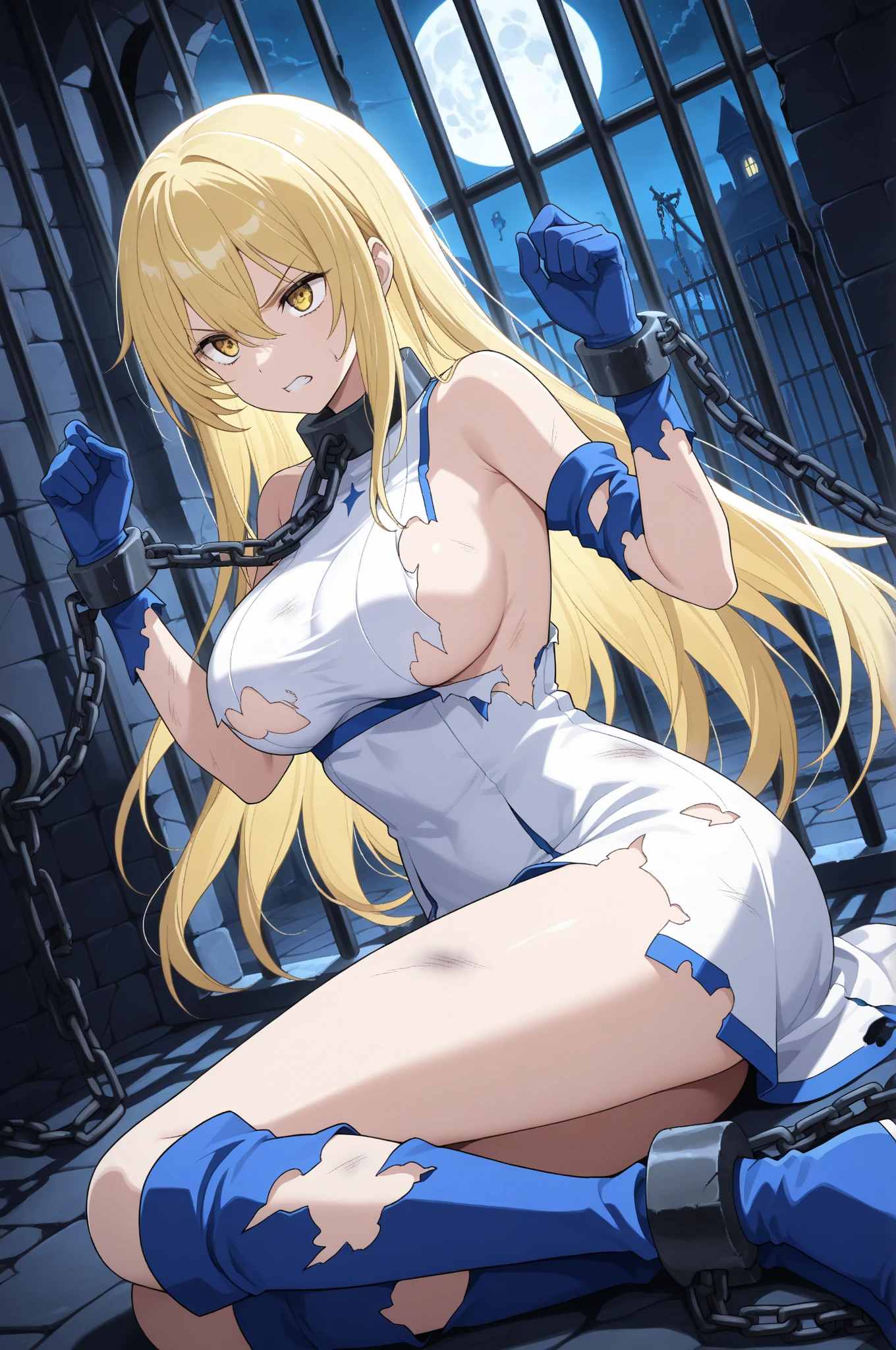 NSFW, masterpiece, high detail, best quality, super detail, very detailed, detailed light, best shadow, ((realistic)), blush, saliva,drooling, closed mouth, ecstatic expression, ((Raines, long blonde)), (gigantic breasts:1.5), ((restrained)), from below, looking at viewer, (tied, shibari, tied up with rope:1.5), tied limbs, (PrisonWorld), thighs, (spread legs), candle lighting