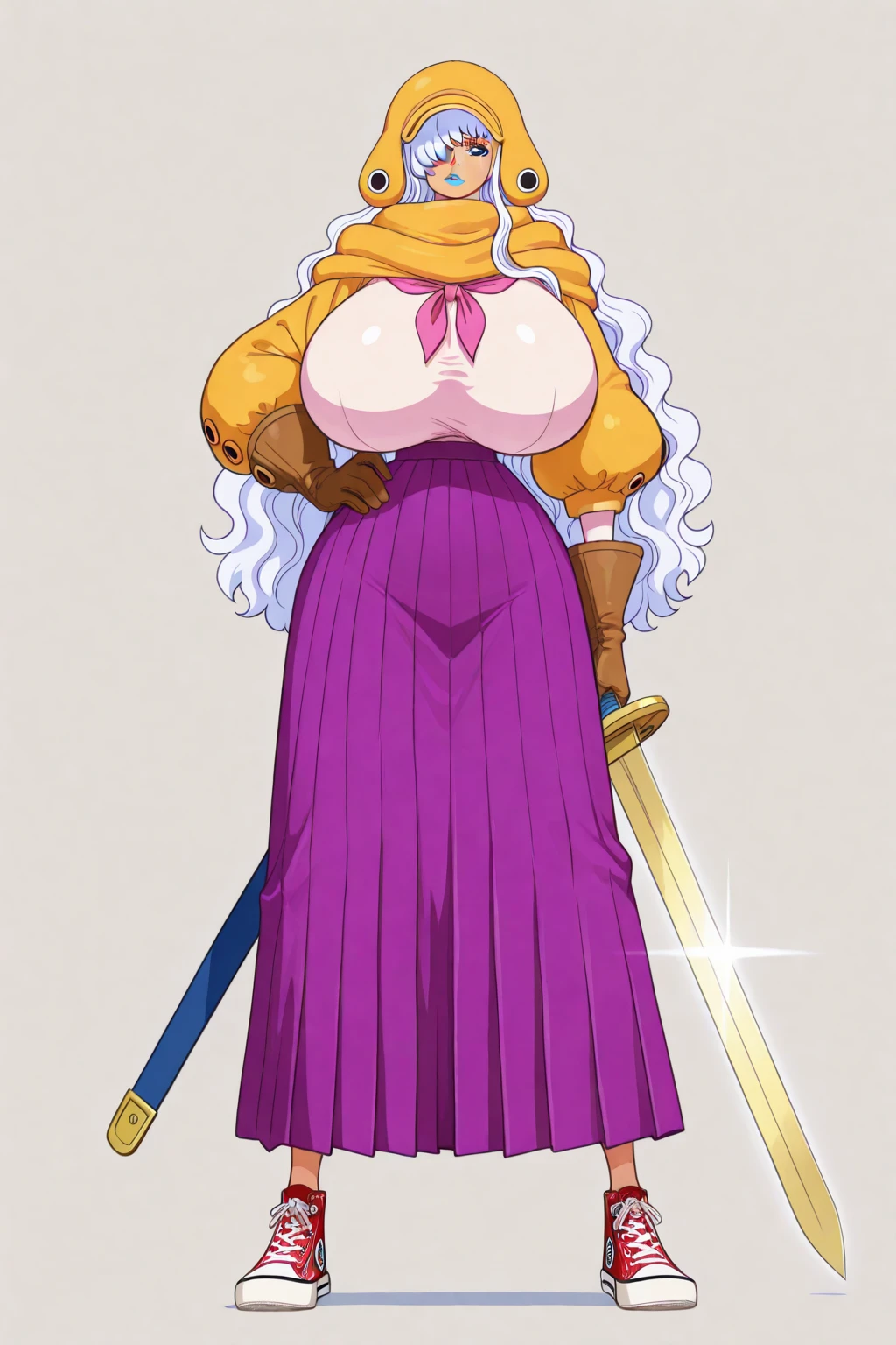 (Best quality, 4k, Masterpiece :1.3), hyper realistic, ultra-detailed face, perfect face, extremely detailed beautiful eyes, anime style eyes, shiny eyes, detailed hands and fingers, detailed, cinematic lighting, ((mature pretty milf)), ((mature woman)), ((mature mom)), thicc milf, ((skimpy female healer)), ((topless)), wide hips, thick thighs, huge ass, long legs, (beautiful overgrown long bright silver light blonde hair), bang, healer intricate white robe, healer staff, ((huge massive saggy hanging breasts)), ((beautiful ample natural breasts)), ((massive tits)), ((enormous breasts)), ((long cleavage)), ((very long saggy breasts)), breasts spillage, ((Torpedo tits)), detailed lips, full lips, ((puffy lips)), blue eyes, extremely detailed eyes, double eyelid, long legs, seductive smile, charming eyes, painting heavily, blush, sweat on breasts, ((NSFW)), sexy, pornographers, suggestive, erotic, medieval fantasy, medieval fantasy ancient sanctum, ancient ruins, sun set lighting, detailed background, detailed structure, ((detailed staff)), ((final fantasy, dark souls, elden ring)) ((ancient fantasy motifs)), ((super saggy heavy gigantic breasts))