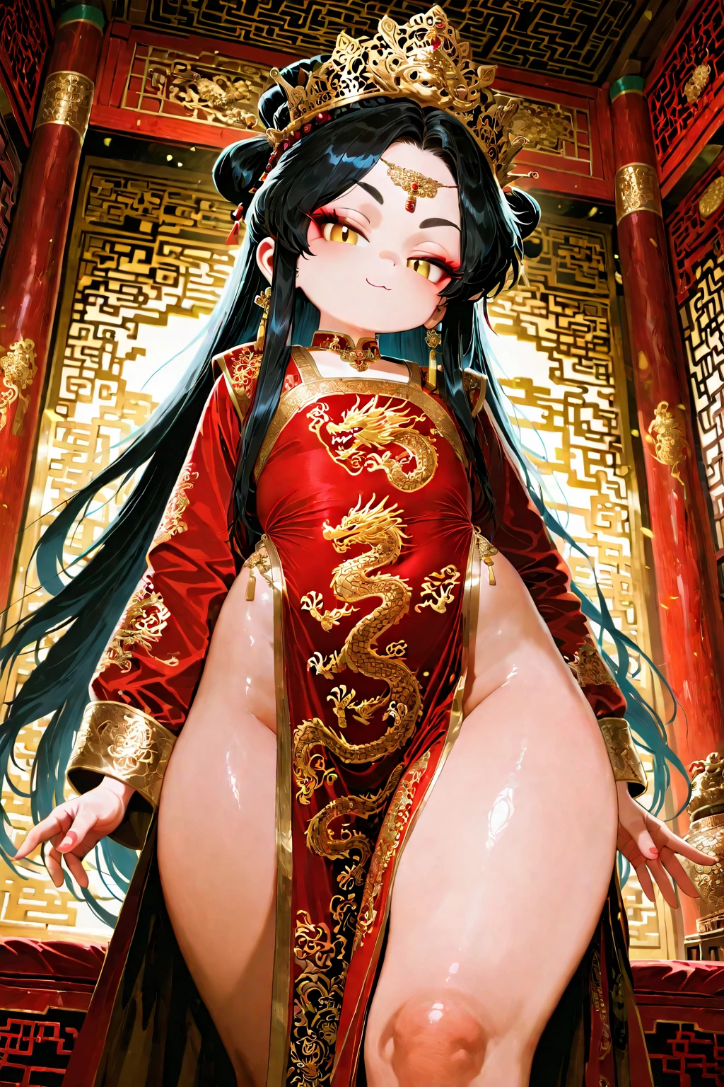 A tragic historical drama in 8k live-action style: Beautiful palace secrets　Beautiful royal 10 year old Chinese kung fu girl princess with long black hair defecates on golden toilet　Gorgeous embroidery, Ultra glossy, She is wearing a shiny red top and bottom long sleeve floral pajama kung fu suit....　　　She closes her eyes, blushes, spreads her legs wide and defecates from her anus、Filth、A huge amount of poop drips out of her anus and pussy　